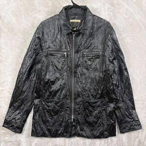 John Varvatos USA Black Crinkled Metallic Coated Utility Jacket Mens L Dual Zip